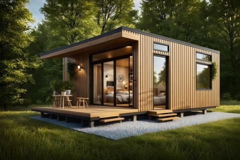 Eco friendly tiny house located centrally embraced by natures tranquility, AI generated