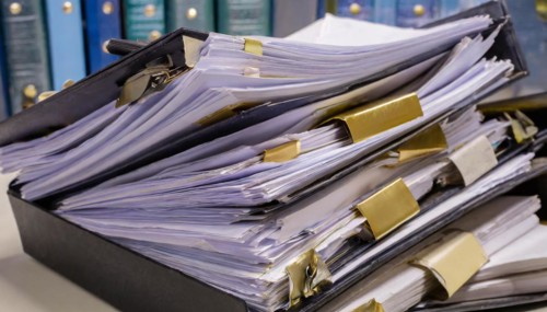 Detailed view of a pile of files and folders with paper clips, Bureaucracy icon, AI generated, AI