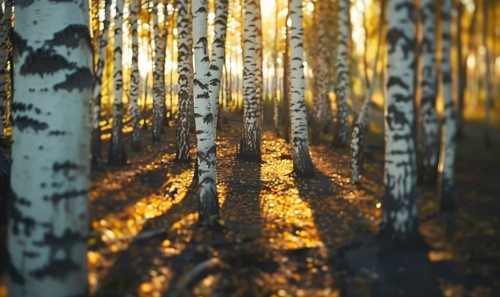 Golden sunlight filtering through a birch forest at sunset AI generated