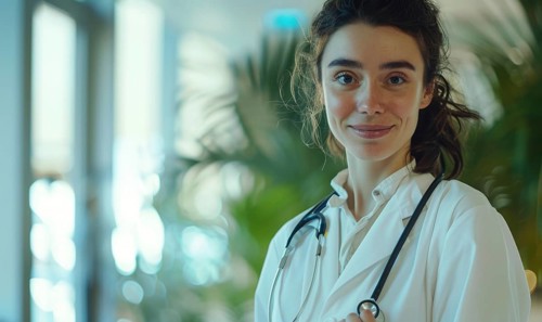 Friendly portrait of a female medical professional in a white coat with stethoscope in a healthcare