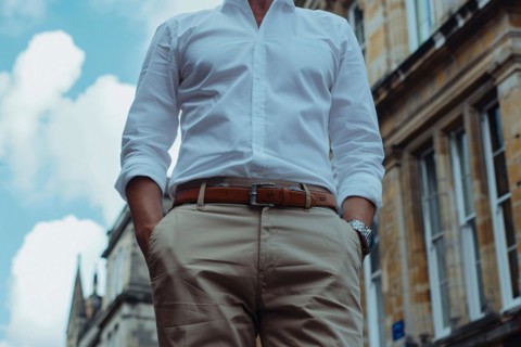 Midsection of a man in casual clothing standing on a city street, AI generated