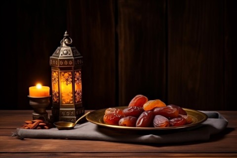 Ramadan lantern with a plate of succulent figs on dark background, set on an ornate table with