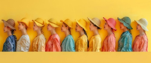 A lineup of women in profile view wearing colorful hats against a yellow background, banner 3:1