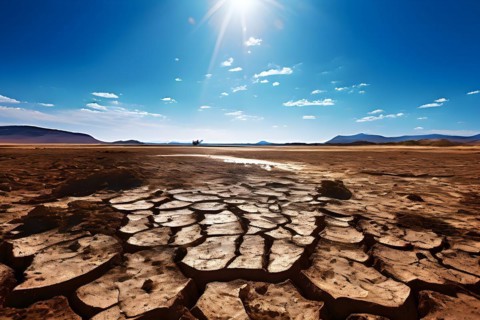 Heatwave stricken terrain displaying cracked desolated soil scorched under a blazing sun, AI