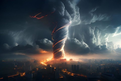 3d render abstract particles converging into a tornado to represent severe weather phenomena over a
