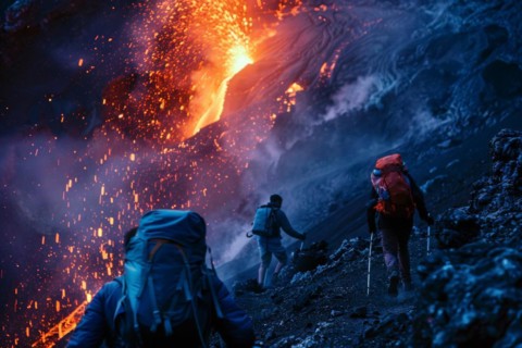 Tourists, hiking group, expedition, onlookers on the way to an active volcano, surrounded by hot,