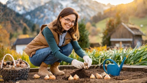 Smiling woman planting flower bulbs in an idyllic garden with mountain view in autumn, KI