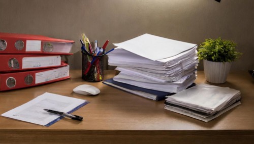 Desk with stacks of papers and red folders under yellow light, symbolism bureaucracy, AI generated,