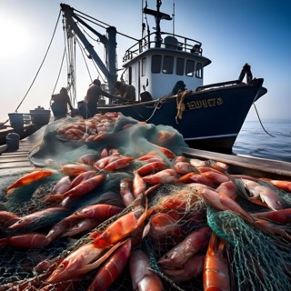 Commercial fishing net cascading onto the dock overflowing with caught shrimp fish and incidentally