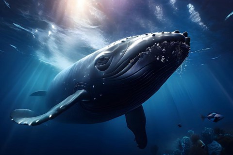 Sperm whale dives into the abyss, AI generated, deep sea, fish, squid, bioluminescent, glowing,