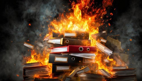 Burning folders with rising smoke on a dark background, symbol bureaucracy, AI generated, AI