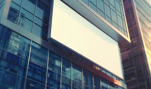 Blank screen banner mockup displayed on the modern building facade. Close Up view AI generated