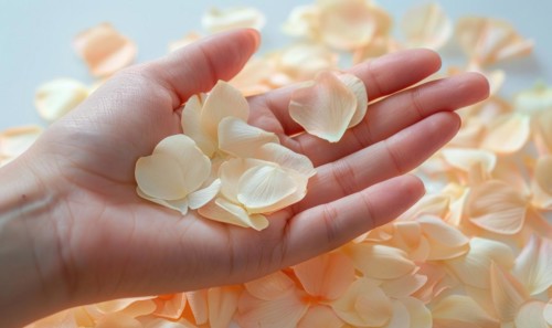 Close-up of a woman's hand with a neutral manicure, adorned with delicate flower petals AI