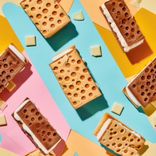 Flat lay pattern ice cream sandwiches and ice cream bars on a colorful background AI generated