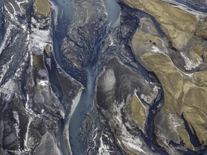 Overgrown river landscape, Eldhraun, near Kirkjubaejarklaustur, drone image, Sudurland, Iceland,