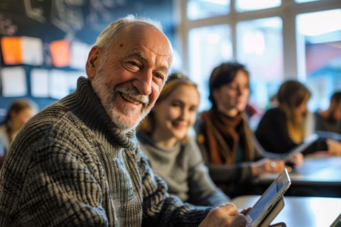 A man of advanced age, senior citizen, sitting with a digital tablet in a course room, training