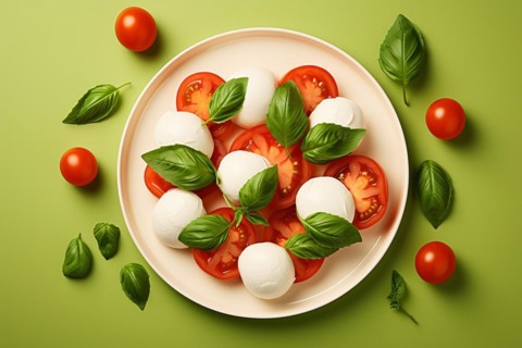 Top view of plate with mozarella cheese, basil and tomatoes. KI generiert, generiert, AI generated