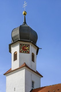 Onion church tower with clock, St. Leonhard branch church, Boerwang, Allgaeu, Swabia, Bavaria,