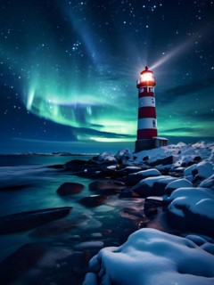 Lighthouse standing on a snow covered coast with aurora borealis dancing in the night sky, AI