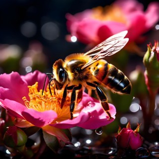 Bee engaged in the delicate task of nectar collection from a rose essence of summer garden