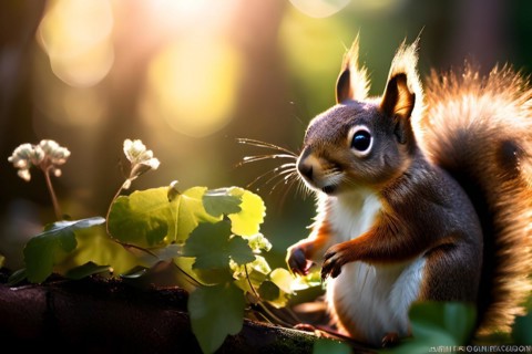 Squirrel engaged in foraging activities amid a verdant summer woodland sunbeams permeating the