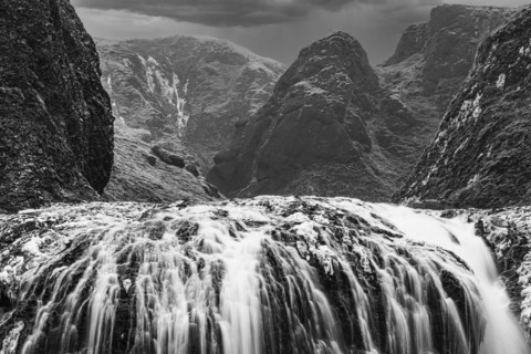 Stjornarfoss waterfall, near Kirkjubaejarklaustur, black and white photo, Sudurland, Iceland,