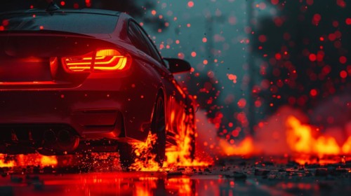 Dynamic image of a red car speeding and splashing water on the road, blurry background, bokeh