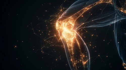 Abstract digital illustration of knee joint with orange glowing connectivity aspects, ai generated,
