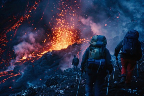 Tourists, hiking group, expedition, onlookers on the way to an active volcano, surrounded by hot,