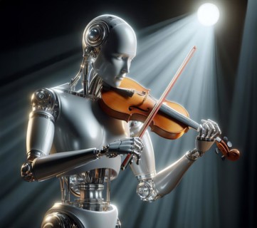 A humanoid robot stands in a concert hall and plays classical music with a violin, symbolic image