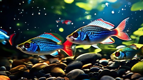 Neon tetras amidst the sun, AI generated, deep sea, fish, squid, bioluminescent, glowing, light,
