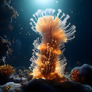 Hydrothermal vent chimney encircled by tube worms in deep ocean habitat, AI generated