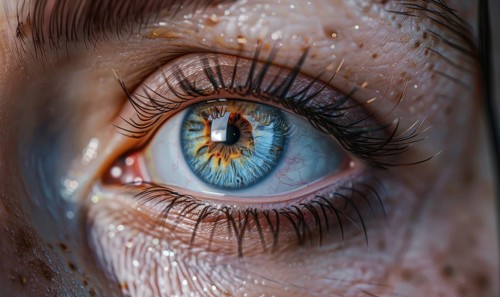 Close-up of a human eye with a vivid blue iris and visible eyelashes AI generated