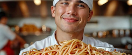 A young italian cheerful chef in a white hat and apron holds a large bowl of fresh spaghetti in a