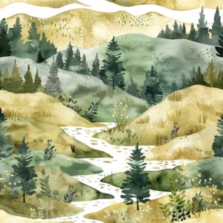Landscape watercolor pattern with serene scenery and soft tones, abstract nature background,