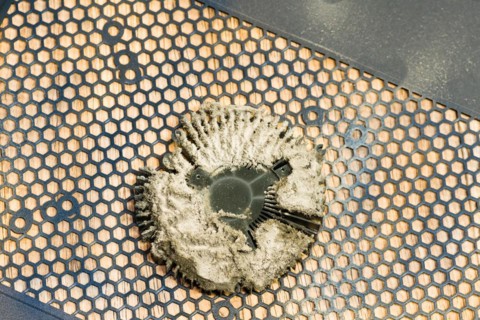 Old thermal paste on a central processing unit (CPU) after removal from a computer, in South Korea