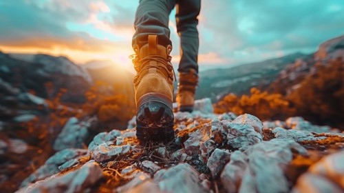A trekker's perspective during golden hour on a rocky mountain path under a dramatic skyscape, AI