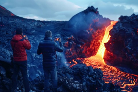 Tourists, onlookers photograph a spectacular volcanic landscape with liquid, partially cooled lava