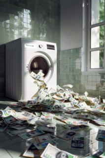 A mountain of banknotes lying in front of a washing machine, symbolising money laundering,
