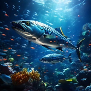Mackerel iridescent bodies glinting rapid directional to escape predators, AI generated