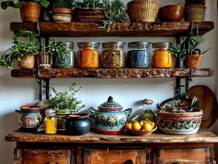 Boho kitchen shelf eclectic mix of colorful ceramic pots hanging cast iron pans shelves adorned, AI