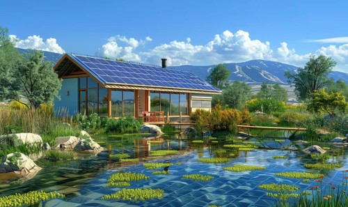Wooden house with solar panels reflects on a peaceful pond with clear blue sky AI generated