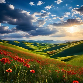 Rolling green hills embrace a vibrant quilt of wildflowers in summer, AI generated
