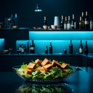 Savory tofu and greens salad showcased on a polished bar counter in neon lights, AI generated