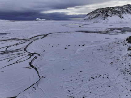 Overgrown river landscape, onset of winter, Fjallabak Nature Reserve, drone shot, Sudurland,