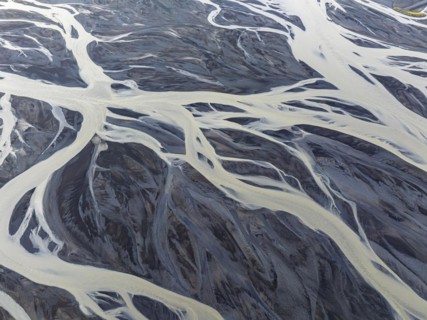 Overgrown river landscape, drone shot, Sudurland, Iceland, Europe