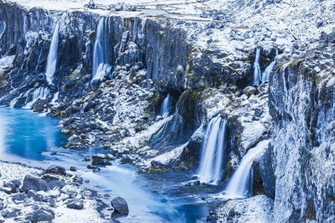 Hrauneyjarfoss waterfalls, onset of winter, Sudurland, Iceland, Europe
