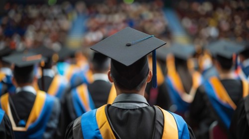 Back view of a male graduate in cap and gown at a commencement ceremony in college campus, AI