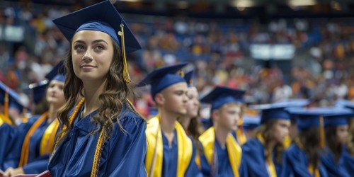 A young woman in a graduation cap and gown looks optimistically into the distance, AI generated