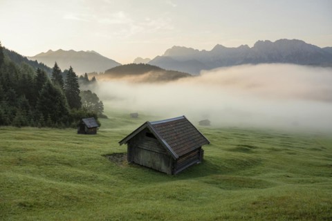 Sunrise and morning fog, Geroldsee or Wagenbruechsee, Kruen near Mittenwald, Werdenfelser Land,